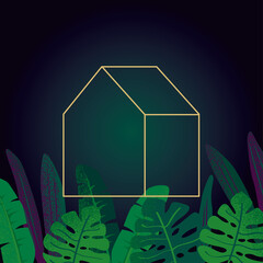 Tropical leaves background and gold house illustration