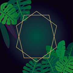 Fototapeta na wymiar Tropical leaves background and gold geometric frame, Vector illustration