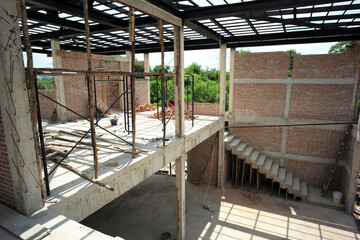 Perspective interior house under construction with clear blue sky background