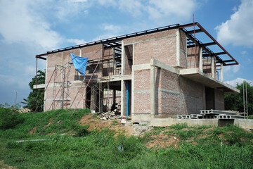 Fototapeta na wymiar Perspective house under construction with clear blue sky background