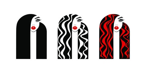 Set Beauty Logo. Beautiful sexy woman face, red lips, eyelashes extensions, curly straight black hair style, fashion hairdresser, element design, spa salon. Vector illustration