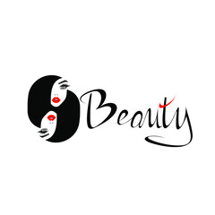 Beauty Logo. Beautiful woman, red lips, black hair style, sign, symbol, icon for studio, spa salon. Vector illustration.
