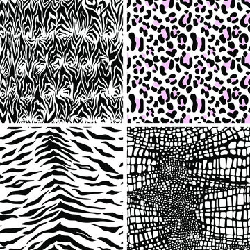 Set seamless pattern background - zebra, leopard, tiger, crocodile. Vector illustration.