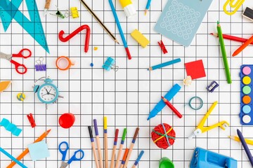 School supplies on a grid background. Back to school flat lay.