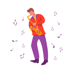 A young guy saxophone player.Modern flat vector illustration notes.Man is a jazz musician plays on a musical instrument. .