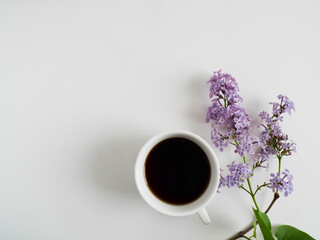 A cup of coffee and a branch of lilac.