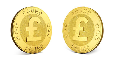 Gold coins with Pound sign isolated on a white background. 3d illustration. 3d rendering.