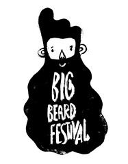 Big beard festival logo. Man with beard. Hand-Drawn Doodle. Vector Illustration - stock vector. Hand drawn cartoon character. Bearded man with hand-drawn typography lettering.