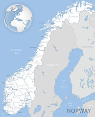 Blue-gray detailed map of Norway and administrative divisions and location on the globe. Vector illustration