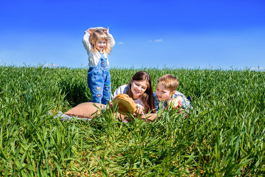 Children In A Field On A Picnic. Bread And Fruit In A Basket. Sunny Summer Day. Teenager Girl 14 Years Old, Baby Girl And Boy 7 Years Old Laugh And Play. Happy Childhood.In The Park Outdoors