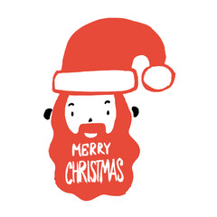 Cute Santa Claus head with Merry Christmas text on red background, Happy X'mas new year greeting gift design template, Flat design doodle vector Illustration. Cartoon hand-drawn ink design.