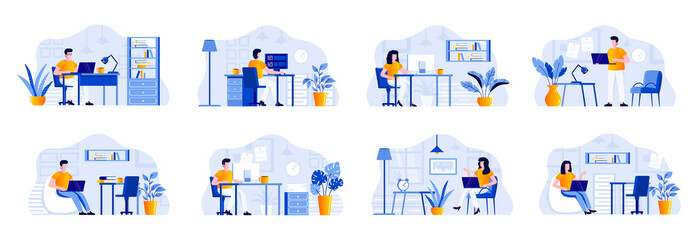 Coworking office bundle with people characters. Designers and developers working with computers in coworking open space area situations. Emploees and frelancers at workplace flat vector illustration