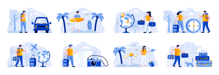 Travel vacation scenes bundle with people characters. Tourists traveling by car or plane, couple with luggage, surfer with surfboard situations. Summer holidays and activity flat vector illustration