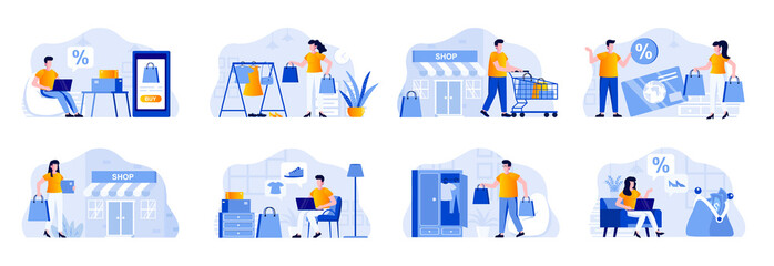 Fototapeta premium Shopping scenes bundle with people characters. Shopper carry shopping bags, online order and delivery at home, internet discount marketplace situations. Shopping people flat vector illustration.