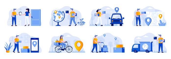 Delivery scenes bundle with people characters. Online order and couriers delivery at home, global shipping and local distribution, logistics situations. Express delivery flat vector illustration.