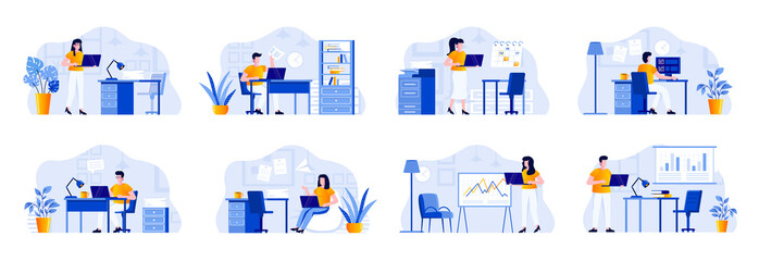 Office management scenes bundle with people characters. Businesspersons working with computer at workplace in office situations. Tasks management and work organization flat vector illustration
