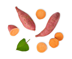 Sweet potato with potato leaf isolated on white background, Top view.