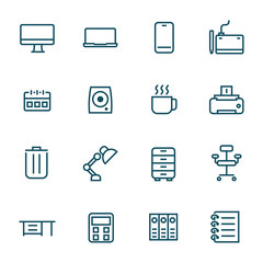 office supplies on work desk simple line icons