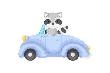 Cute raccoon driver on blue car. Graphic element for childrens book, album, scrapbook, postcard or mobile game.
