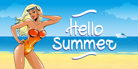 Sexy girl in a red swimsuit stands on the background of the beach, the sky with clouds and the ocean in which the yacht is floating. Wide format for banner, card with the inscription hello summer © kseniyaart