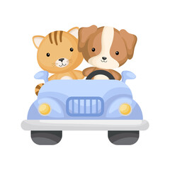 Cute cat and dog driver on car. Graphic element for childrens book, album, scrapbook, postcard or mobile game.