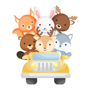 Cute deer, wolf, beaver, moose, squirrel and polar bear travel in car. Graphic element for childrens book, album, scrapbook, postcard. Zoo theme.
