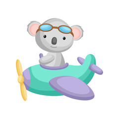 Cute koala pilot wearing aviator goggles flying an airplane. Graphic element for childrens book, album, scrapbook, postcard, mobile game.