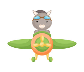 Cute donkey pilot wearing aviator goggles flying an airplane. Graphic element for childrens book, album, scrapbook, postcard, mobile game.