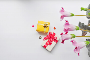 Two gift boxes with bows white with a red ribbon in white polka dots and yellow with a gold ribbon stand next to each other on a white background framed by gloxinia flowers.