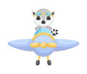 Cute lemur pilot wearing aviator goggles flying an airplane. Graphic element for childrens book, album, scrapbook, postcard, mobile game.