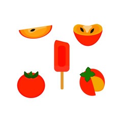 Icon, symbol simple, flat style. Vector illustration set of persimmons. Isolated objects: a whole persimmon, half and slice of fruite, ice cream from it. 