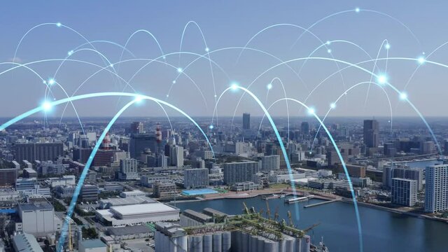 Smart city and communication network concept. 5G. IoT (Internet of Things). Telecommunication.