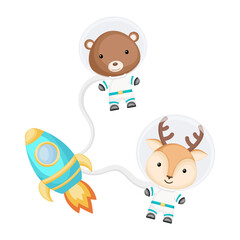 Cute little bear and deer astronauts flying in open space. Graphic element for childrens book, album, scrapbook, postcard, invitation.