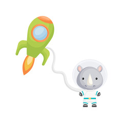 Cute little rhino astronauts flying in open space. Graphic element for childrens book, album, scrapbook, postcard, invitation.