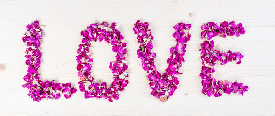 Word Love made of purple rose petals