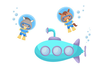 Cute cartoon donkey and horse in diving suit swim underwater near submarine. Design of t-shirt, album, card, invitation.