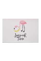 Close-up shot of a white vinyl placemat with printed flamingo with a banana and lettering 