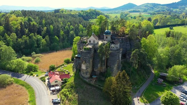 Aerial view of Sloup Castle in Northern Bohemia, Czechia. Sloup rock castle in the small town of Sloup v Cechach, in the Liberec Region, north Bohemia, Czech Republic.