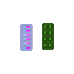 Set of plate of round tablets and capsules in flat style isolated on white. Packaging of medicines. Vector sign illustration. Traditional medicine. Natural preparation. Birth control pills.