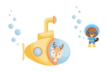Cute cartoon deer looks out of submarine window and cute beaver in diving suit swim underwater. Design of t-shirt, album, card, invitation.