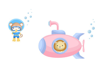 Cute cartoon lion looks out of submarine window and cute monkey in diving suit swim underwater. Design of t-shirt, album, card, invitation.