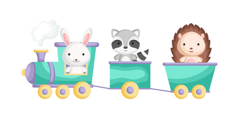 Raccoon, rabbit and hedgehog ride on train. Graphic element for childrens book, album, scrapbook, postcard or mobile game. Zoo theme.