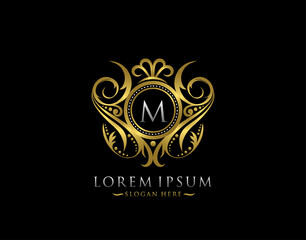 Luxury Boutique M Letter Logo. Classy Elegant gold circle badge design for Boutique, Letter Stamp, Wedding Logo,  Hotel, Heraldic, Jewelry.