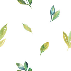 Green Leaves Seamlees Watercolor Pattern Background Texture. Repetable Aquarell Hand Drawn Pattern.