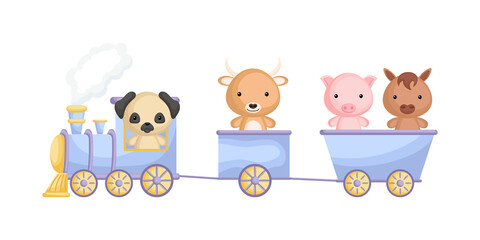 Cute dog, yak, pig and horse ride on train. Graphic element for childrens book, album, scrapbook, postcard or mobile game. Zoo theme.