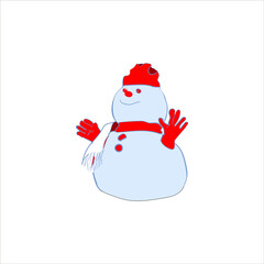 Single hand drawn snowman for New Year and Xmas greeting cards, posters, stickers and seasonal design. Colorful vector illustration. Red warm hat, scarf and gloves. Isolated on white