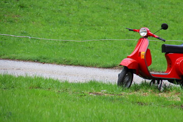 red motorcycle stands in the meadow 