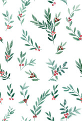  seamless water color elegant Christmas seamless pattern with branches and berries