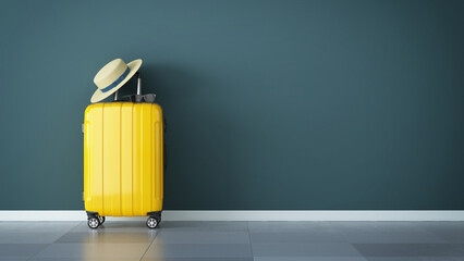 Orange Suitcase with straw hat and sunglasses standing near the wall. Travel concept with empty space