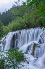 Fototapeta premium Beautiful and fresh scenery at Pearl Shoal waterfall with massive cascade, green algae, reflection and trees perfect for mind relaxing during holidays at Jiuzhaigou Valley National Park.